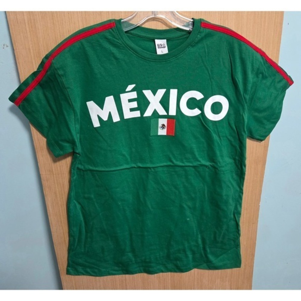 US Vintage Mexico Soccer T-Shirt Green Red Stripe Graphic Tee Mens Large NWT
